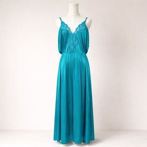 Vintage 70s Teal Lace Maxi Dress | Made in USA | Open Back Disco Boho Slip Dress
